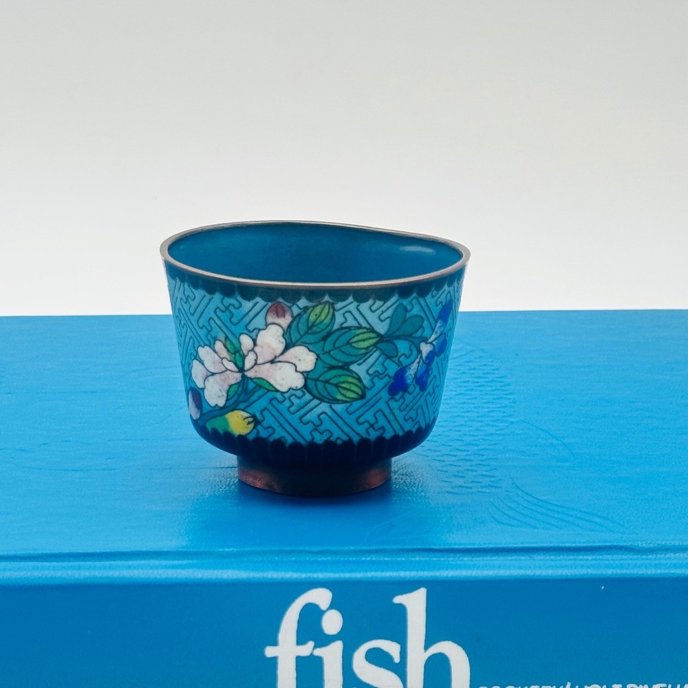 Vintage Chinese‎ Cloisonne Enamel Floral Tea Cup Trinket Turquoise Copper 2.5"